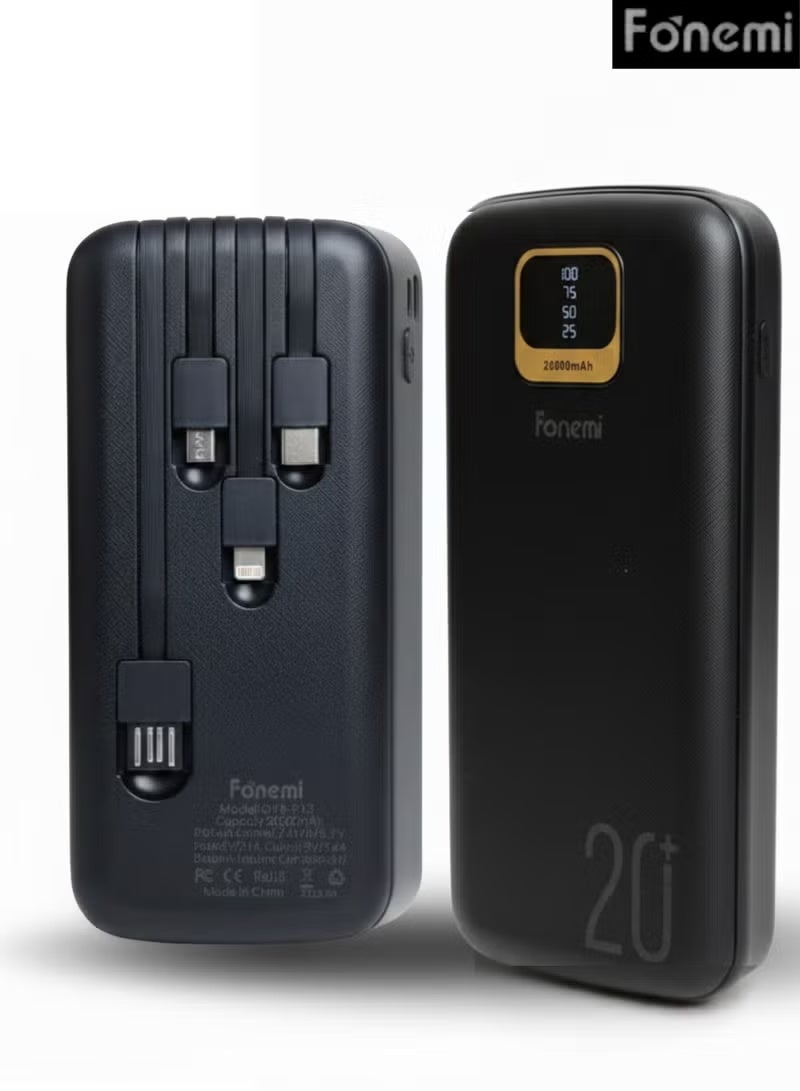 Fonemi 20000mAh Power Bank 22.5W Fast Charging | Built-in 4 Cables (Type-C, Lightning, Micro USB, USB) | Digital LED Display | Smart Protection Chip | Dual Input & Multiple Output | Portable with Handle, Black - Image 1